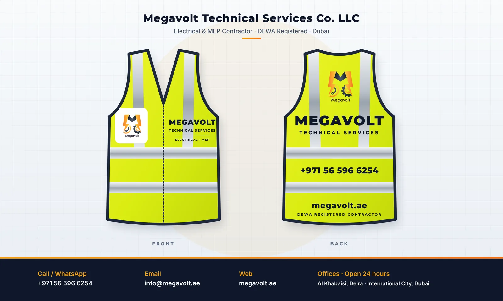 Megavolt branded hi-vis safety vest, front and back, with the Megavolt logo, phone number and website