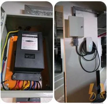Wall-mounted Charge2MOOV EV charger and its energy meter enclosure at Al Badia Residences, Dubai Festival City