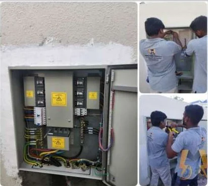 Outdoor distribution board enclosure being wired by Megavolt electricians at a villa in Jumeirah